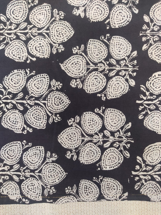 Pure Cotton Black Bagru Big Leaf Butti Handblock Printed Cotton Fabric