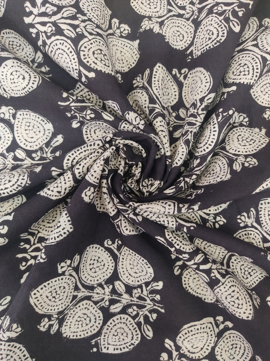 Pure Cotton Black Bagru Big Leaf Butti Handblock Printed Cotton Fabric