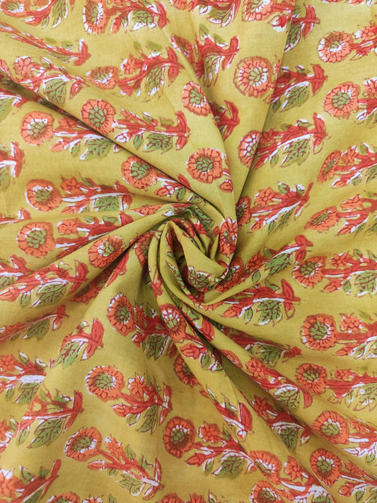 PURE COTTON YELLOW BUTTI HANDBLOCK PRINTED FABRIC