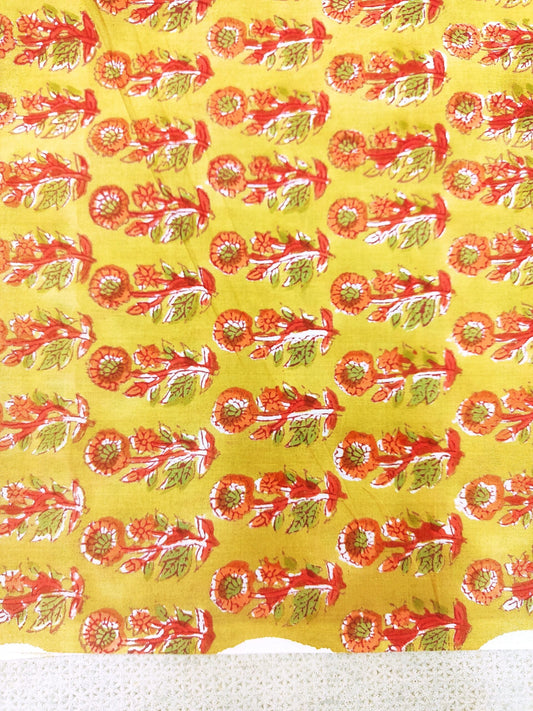 PURE COTTON YELLOW BUTTI HANDBLOCK PRINTED FABRIC