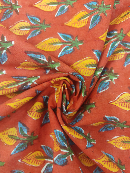RUST FLORAL BUTTA HANDBLOCK PRINTED COTTON FABRIC