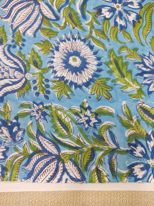 PURE COTTON BLUE FLORAL JAAL HANDBLOCK PRINTED COTTON FABRIC