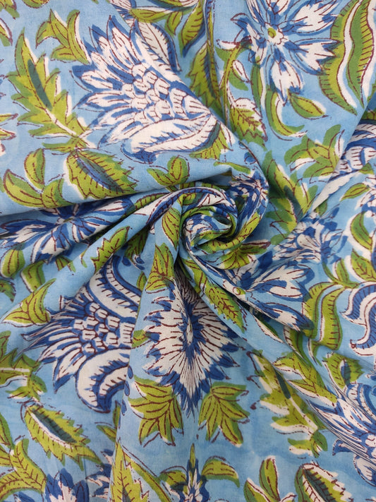 PURE COTTON BLUE FLORAL JAAL HANDBLOCK PRINTED COTTON FABRIC