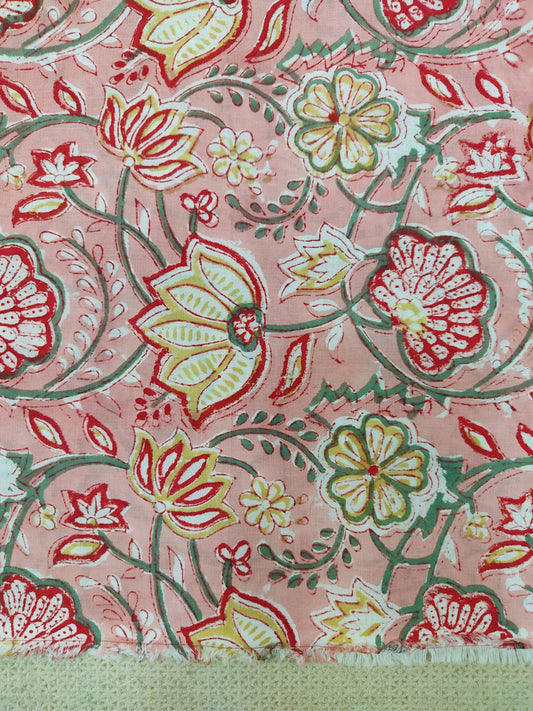 PURE COTTON PEACH-PINK JAAL HANDBLOCK PRINTED COTTON FABRIC
