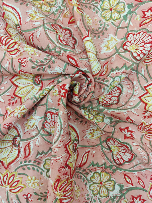 PURE COTTON PEACH-PINK JAAL HANDBLOCK PRINTED COTTON FABRIC