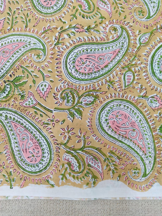 PURE COTTON YELLOW PAISLEY HAND BLOCK PRINTED COTTON FABRIC