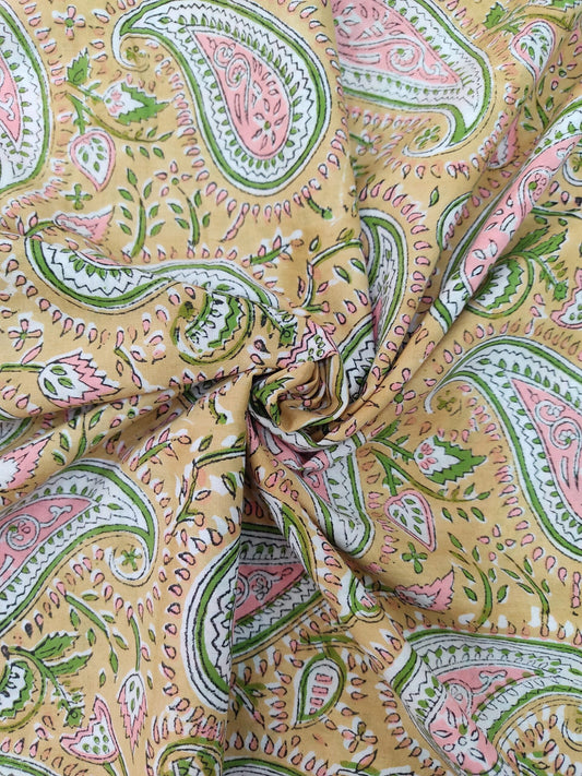 PURE COTTON YELLOW PAISLEY HAND BLOCK PRINTED COTTON FABRIC