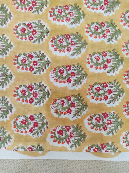 YELLOW FLORAL BUTTI HAND BLOCK PRINTED COTTON FABRIC