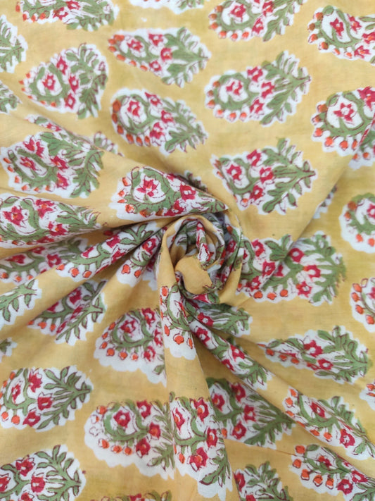 YELLOW FLORAL BUTTI HAND BLOCK PRINTED COTTON FABRIC