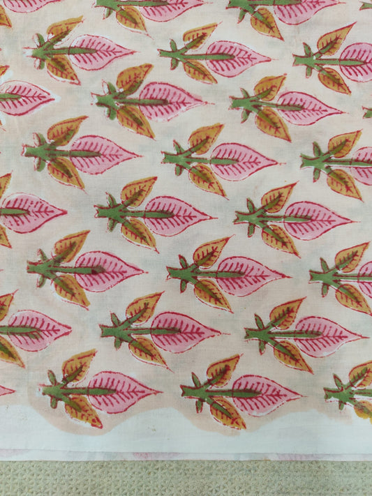 PURE COTTON PEACH FLORAL BUTTA HANDBLOCK PRINTED COTTON FABRIC