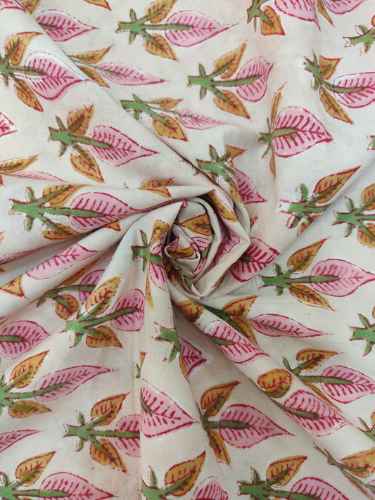 PURE COTTON PEACH FLORAL BUTTA HANDBLOCK PRINTED COTTON FABRIC