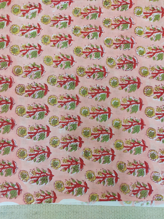 PURE COTTON PEACH FLORAL BUTTI HANDBLOCK PRINTED COTTON FABRIC