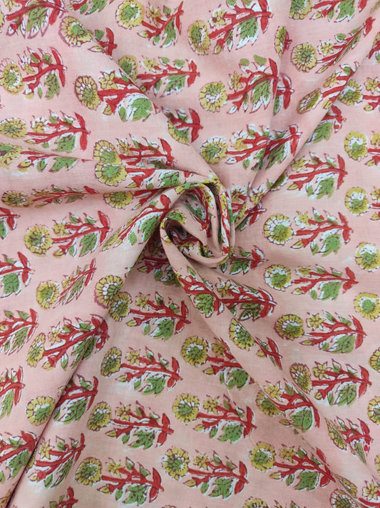 PURE COTTON PEACH FLORAL BUTTI HANDBLOCK PRINTED COTTON FABRIC
