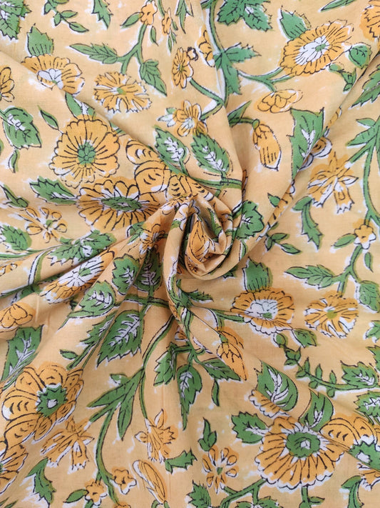 YELLOW FLORAL JAAL HAND BLOCK PRINTED COTTON FABRIC