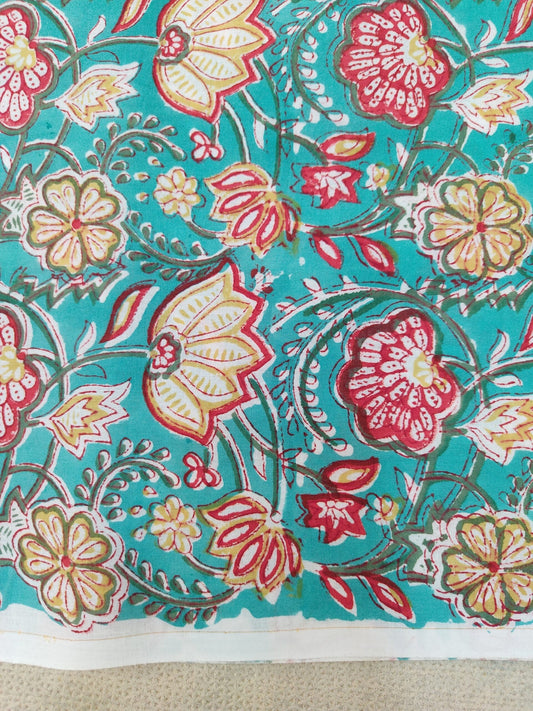 PURE COTTON RAMA GREEN FLORAL JAAL HANDBLOCK PRINTED COTTON FABRIC