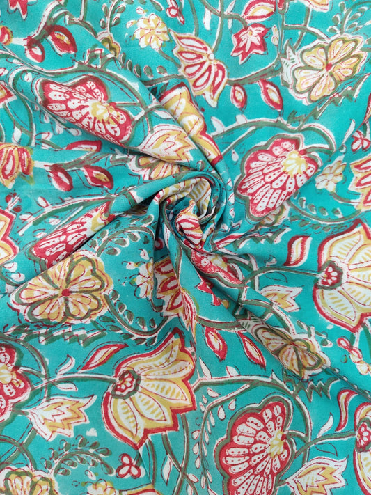 PURE COTTON RAMA GREEN FLORAL JAAL HANDBLOCK PRINTED COTTON FABRIC