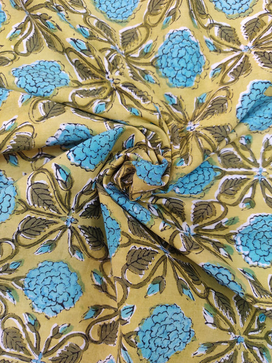 PURE COTTON LIME GREEN FLORAL HANDBLOCK PRINTED COTTON FABRIC