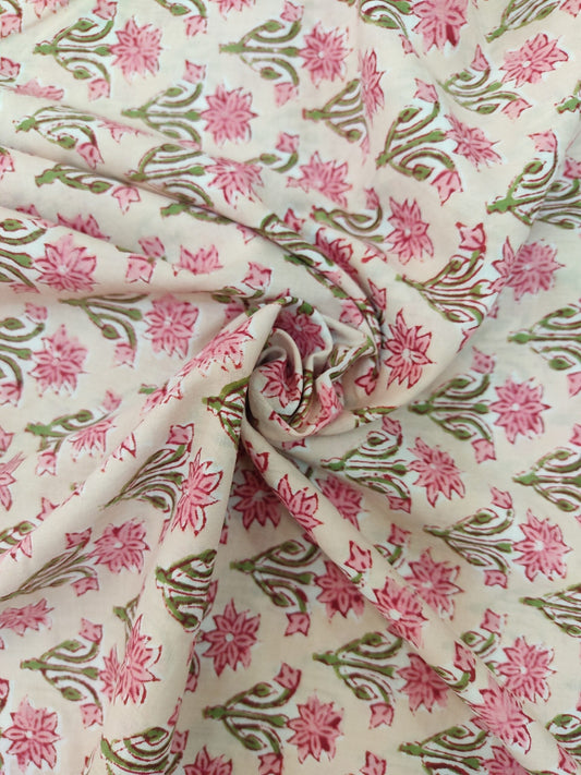 PURE COTTON PEACH BUTTI HANDBLOCK PRINTED COTTON FABRIC