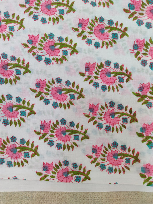 PURE COTTON WHITE FLORAL BUTTI HANDBLOCK PRINTED COTTON FABRIC