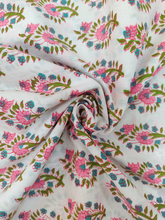 PURE COTTON WHITE FLORAL BUTTI HANDBLOCK PRINTED COTTON FABRIC