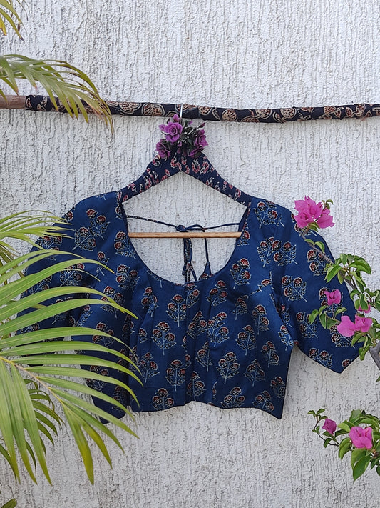 INDIGO FLORAL BUTTA SILK READYMADE BLOUSE