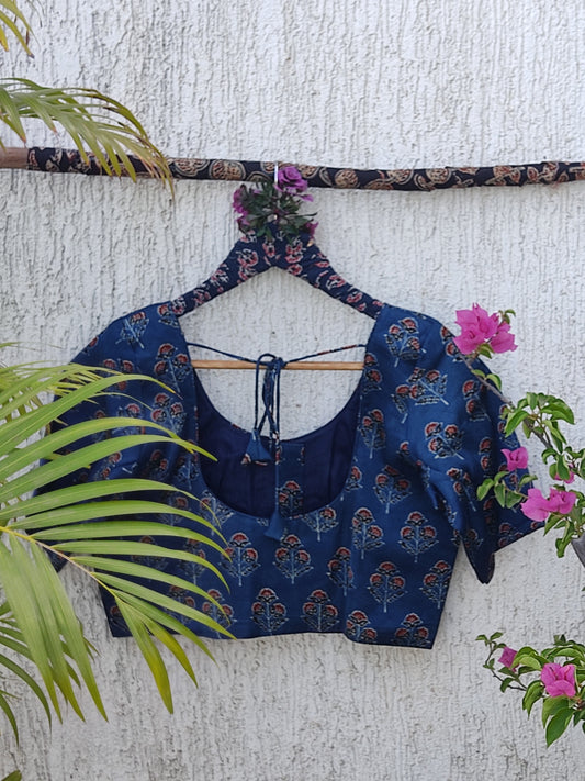 INDIGO FLORAL BUTTA SILK READYMADE BLOUSE