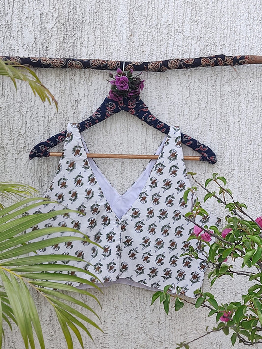 WHITE HANDBLOCK PRINTED READYMADE BLOUSE