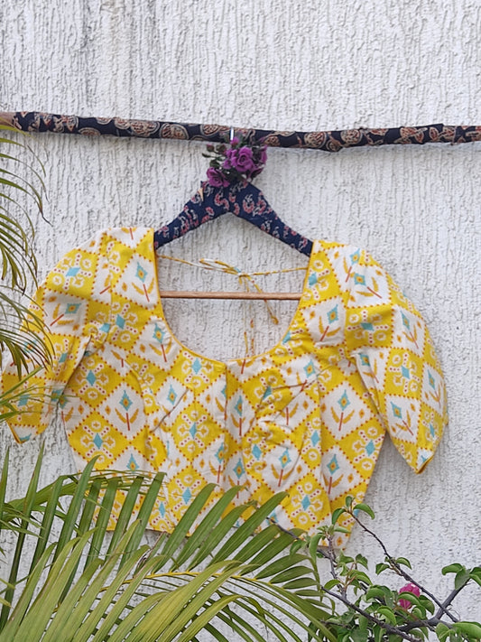 YELLOW GEOMETRICAL SANGANERI PRINT READYMADE BLOUSE