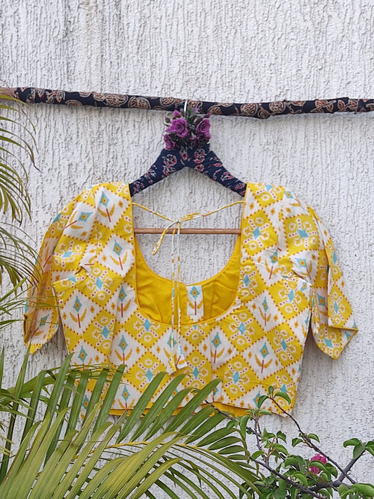 YELLOW GEOMETRICAL SANGANERI PRINT READYMADE BLOUSE