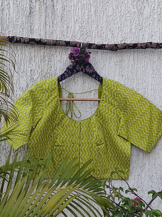 LIME GREEN SANGANERI PRINT READYMADE BLOUSE