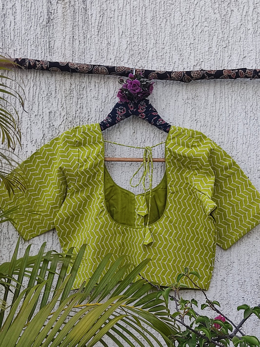 LIME GREEN SANGANERI PRINT READYMADE BLOUSE