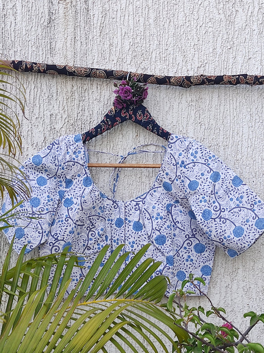 WHITE-BLUE SANGANERI PRINT READYMADE BLOUSE