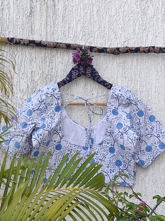 WHITE-BLUE SANGANERI PRINT READYMADE BLOUSE