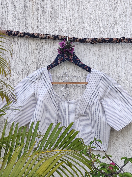 WHITE KANTHA STRIPES READYMADE BLOUSE