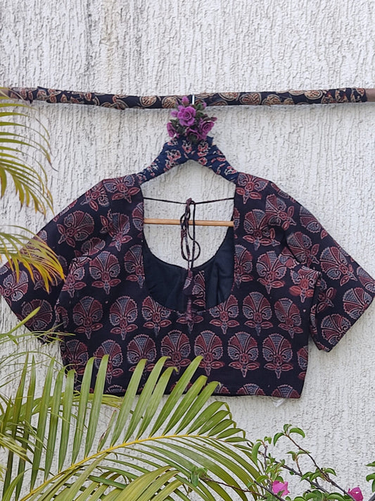 BLACK AJRAKH FLOAL HANDBLOCK PRINT READYMADE BLOUSE