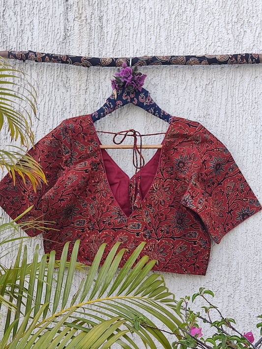 MAROON AJRAKH FLORAL JAAL HANDBLOCK PRINT READYMADE BLOUSE