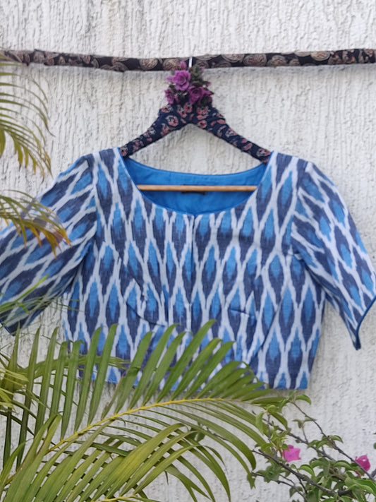 WHITE BLUE WOVEN IKAT REDAYMADE BLOUSE