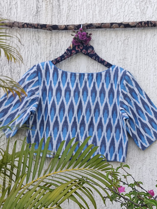 WHITE BLUE WOVEN IKAT REDAYMADE BLOUSE