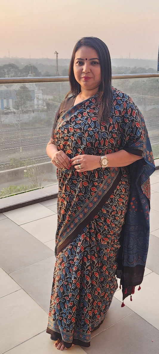 Handblock printed Ajrakh saree in natural indigo and madder red