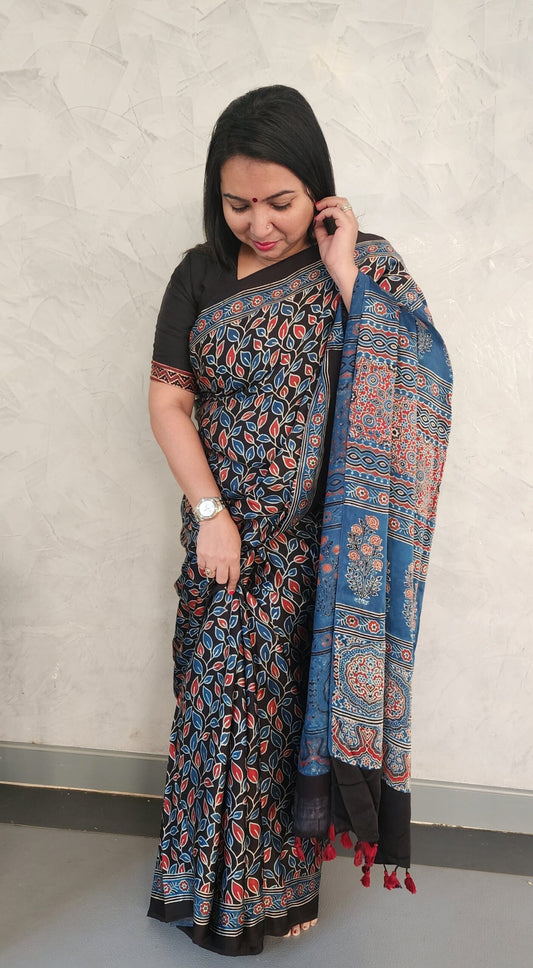Handblock printed Ajrakh saree in natural indigo and madder red