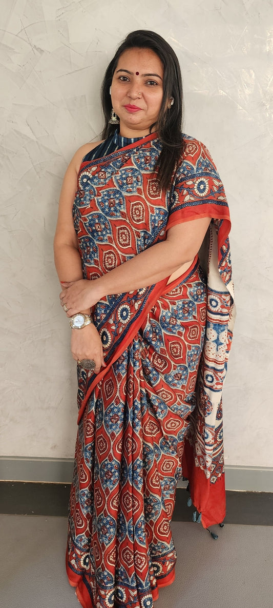 Sustainable cotton Ajrakh saree handcrafted in Kutch