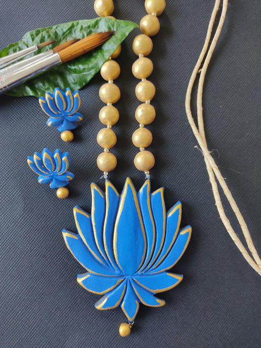 Terracotta Blue Lotus Handpainted Set