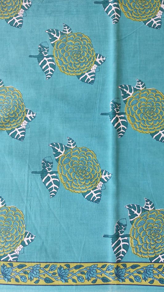PURE COTTON RAMA GREEN FLORAL JAAL HANDBLOCK PRINTED COTTON FABRIC