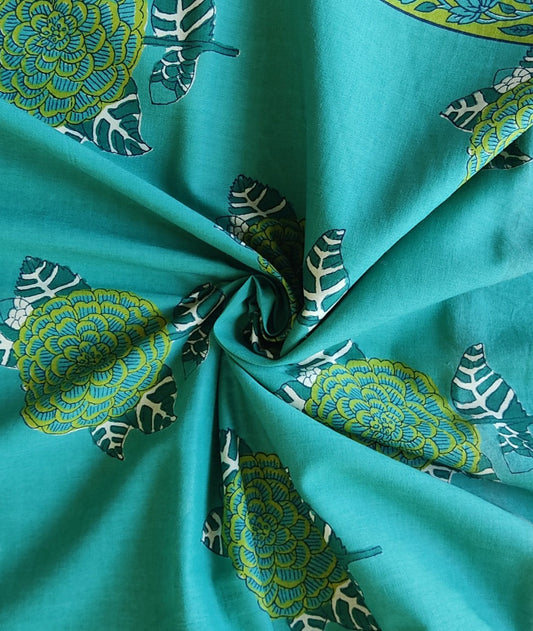 PURE COTTON RAMA GREEN FLORAL JAAL HANDBLOCK PRINTED COTTON FABRIC