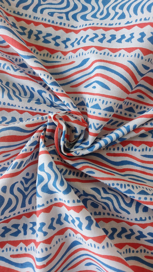 PURE COTTON STRIPES BORDER HANDPRINTED COTTON FABRIC