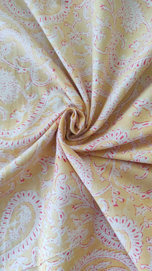 PURE COTTON YELLOW FLORAL JAAL HAND BLOCK PRINTED COTTON FABRIC