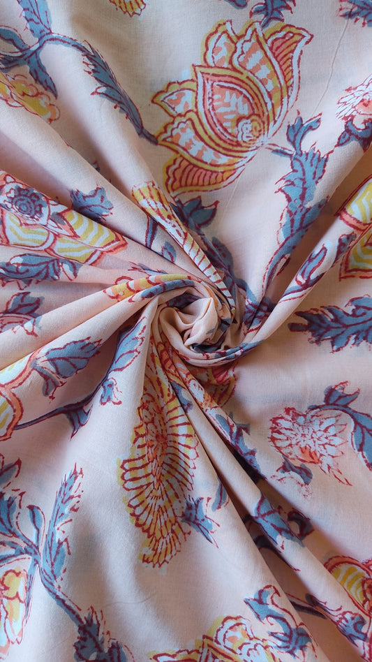 PURE COTTON PEACH FLOWER JAAL HANDBLOCK PRINTED COTTON FABRIC