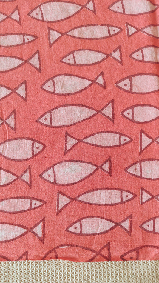 Pure Cotton Coral Fish Jaal Dabu Handblock Printed Cotton Fabric