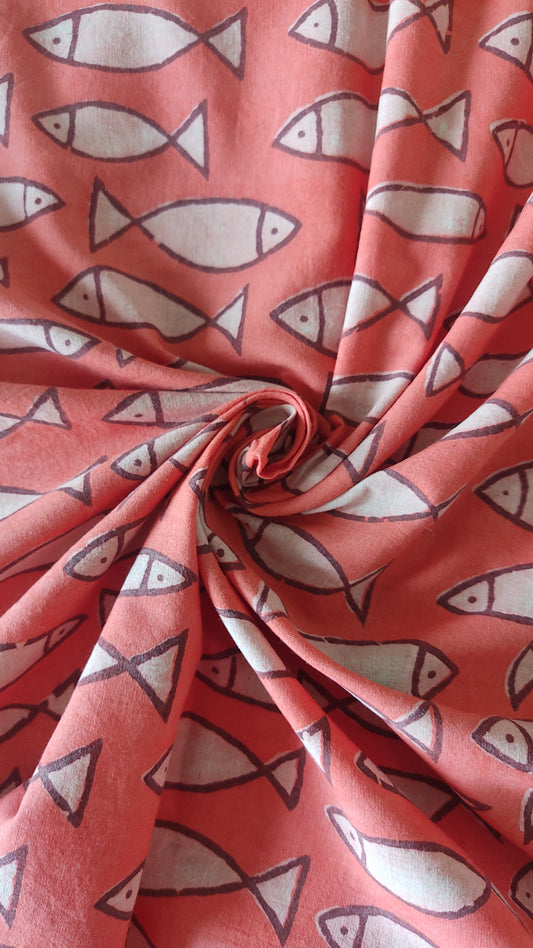Pure Cotton Coral Fish Jaal Dabu Handblock Printed Cotton Fabric