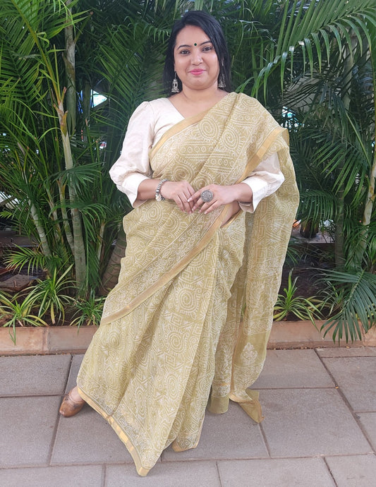 KHAT COLLECTION PISTA GREEN HANDBLOCK PRINTED KOTA DORIA SAREE